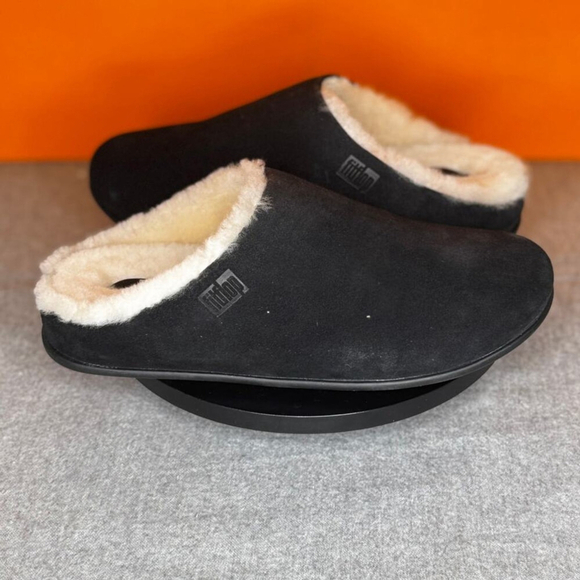 FitFlop Chrissie Black Leather‎ Suede Shearling Slippers Size 6 EU 37 - Picture 1 of 7
